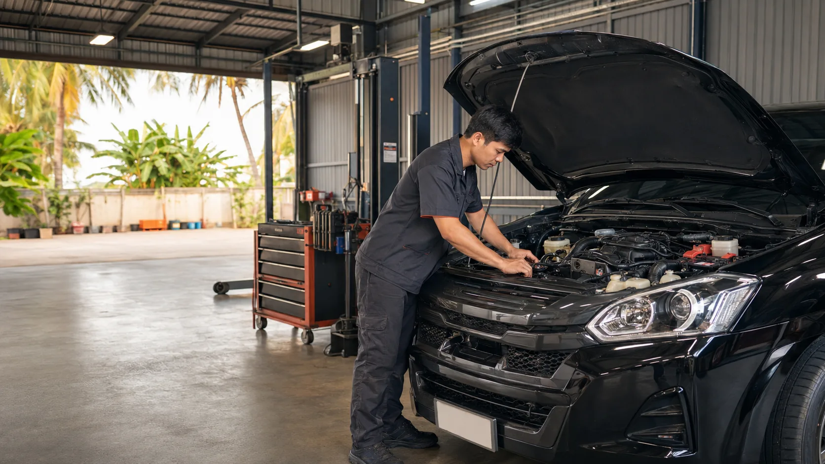 Thai mechanic servicing a vehicle at ANTY CAR AUTO