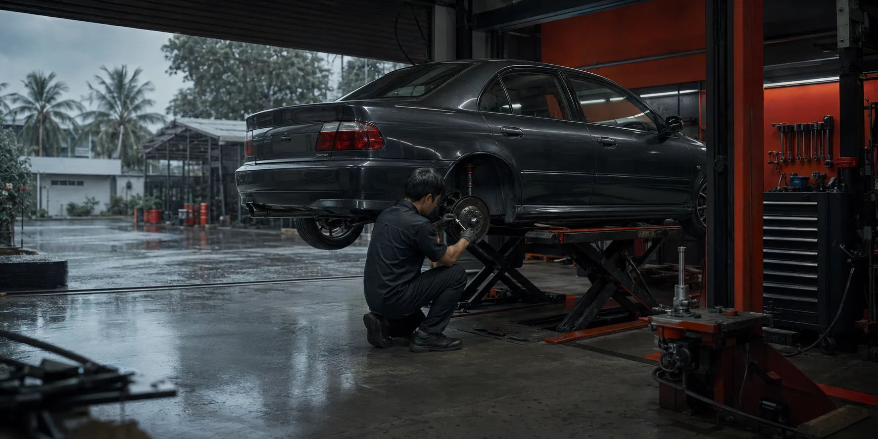 Automotive suspension and wheel modification in a Thai workshop